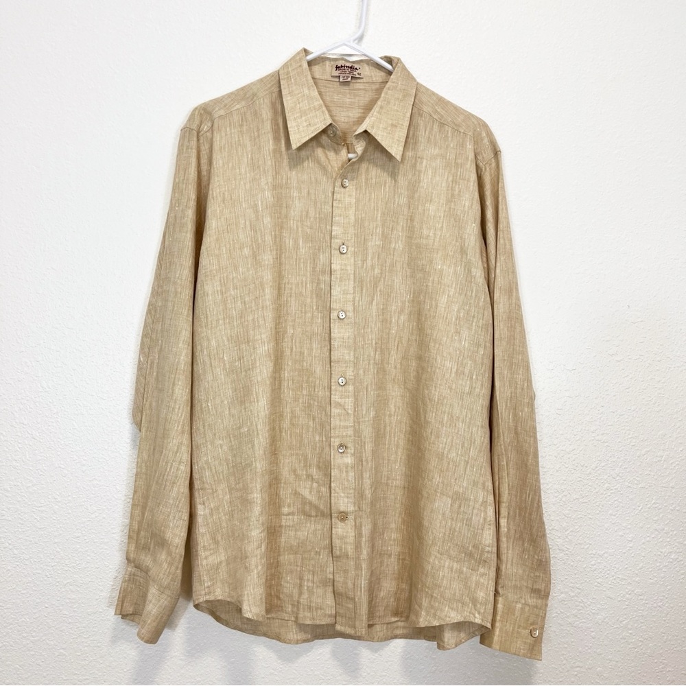 Fabindia Fitted Linen Button Up Shirt Tan Long Sleeve Size 42